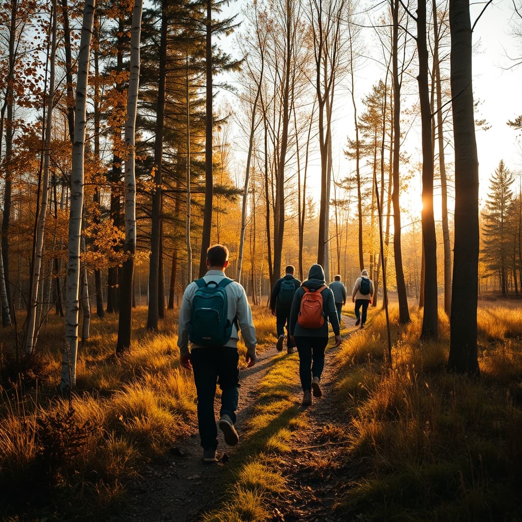 A small group hiking a forest trail in autumn light
