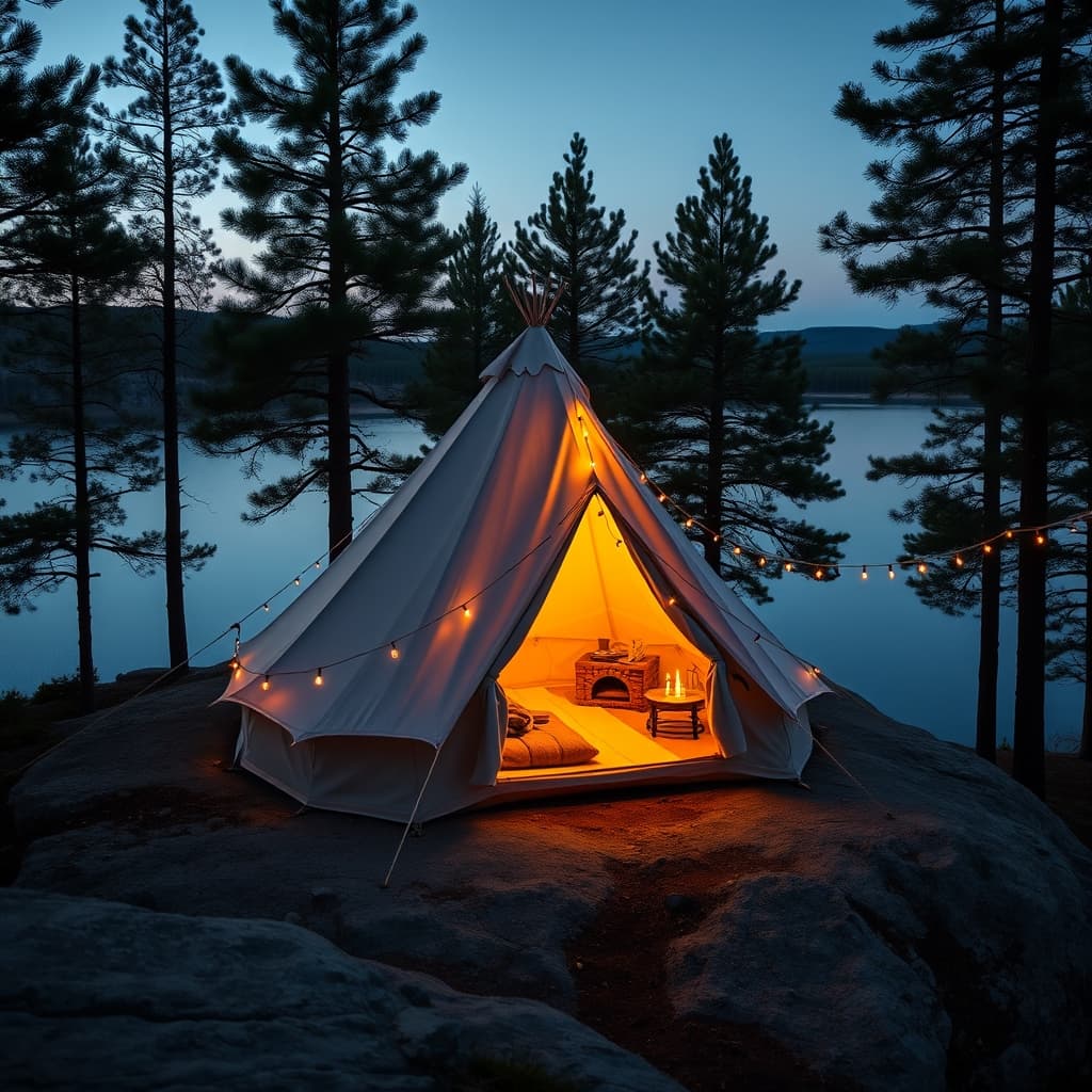 A glowing bell tent above the lake at dusk