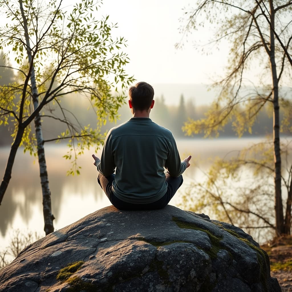 A person meditating on a rock above a misty lake