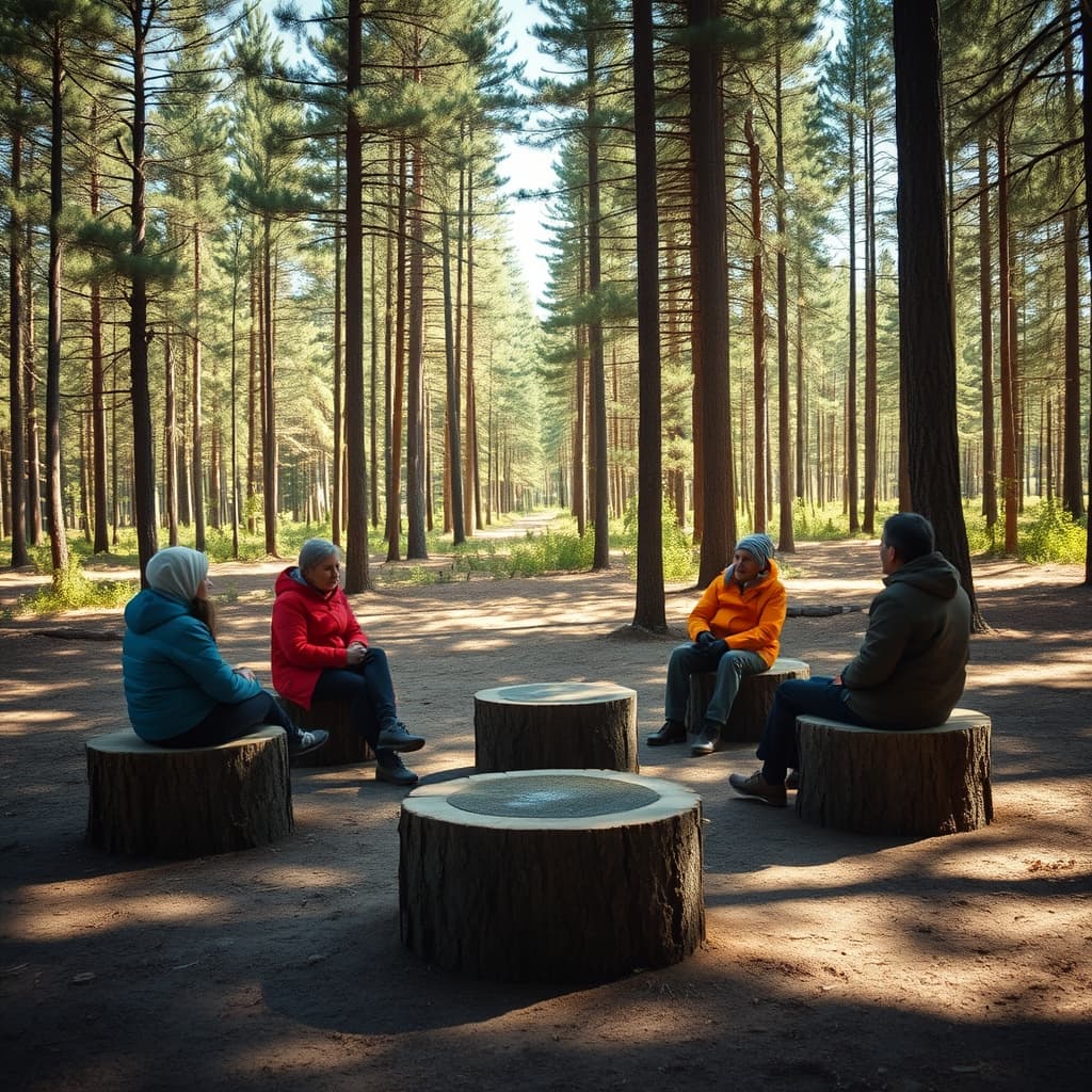 Leaders sitting on tree stumps in a pine forest