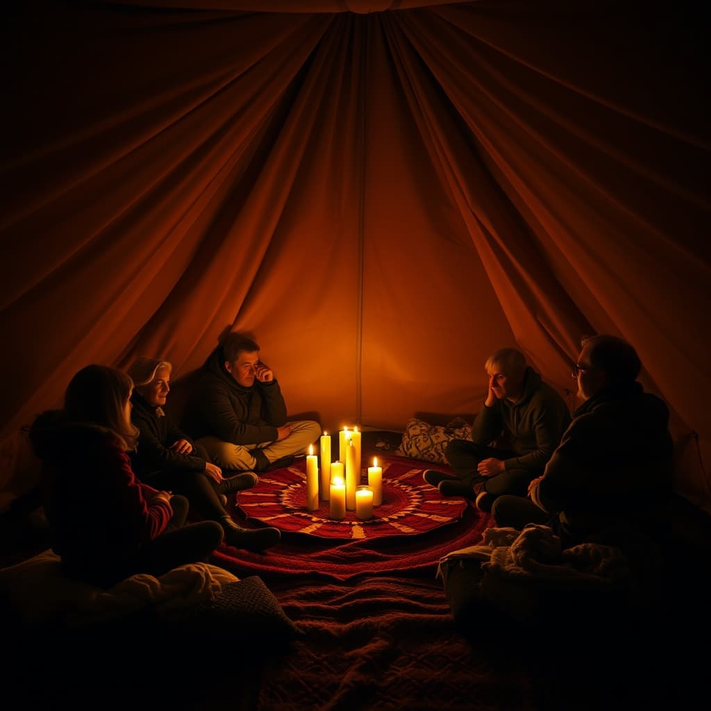 A group sitting in a circle inside the bell tent