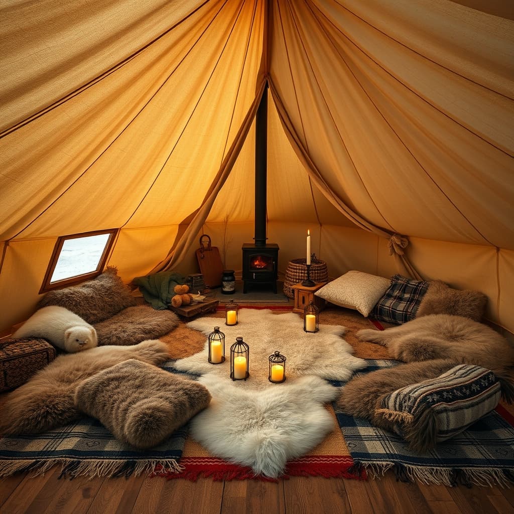 Cushions, sheepskins and lanterns inside a bell tent